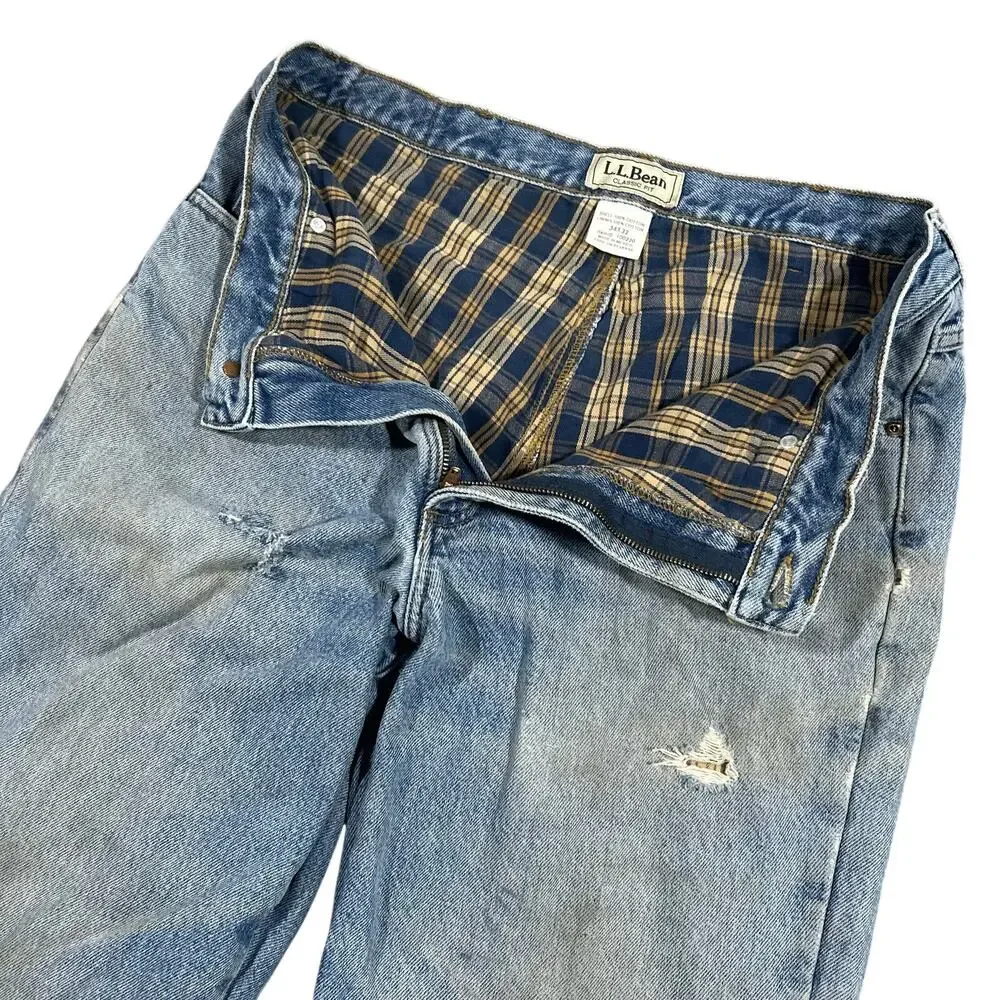 Vintage L.L. Bean Flannel Lined Jeans 34x32 Distressed Blue Denim Relaxed Fit